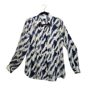 Cabi Blue & White Graphic Tiger Stripe Semi Sheer LS Button Down MED Mobwife